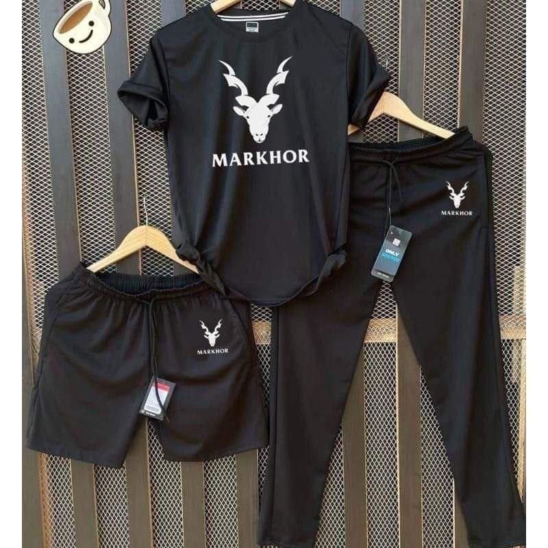 Premium Markhor Edition Men's 3-Piece Summer Performance Set – Crew Neck Tee, Athletic Trousers & Comfort Shorts