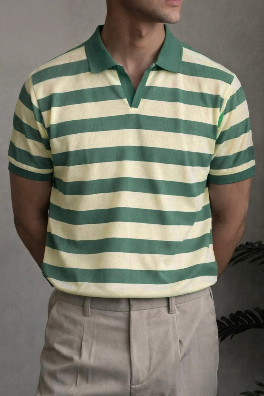 Men’s Retro Knit Striped Johnny Collar Polo – Vintage Textured Short Sleeve Pullover