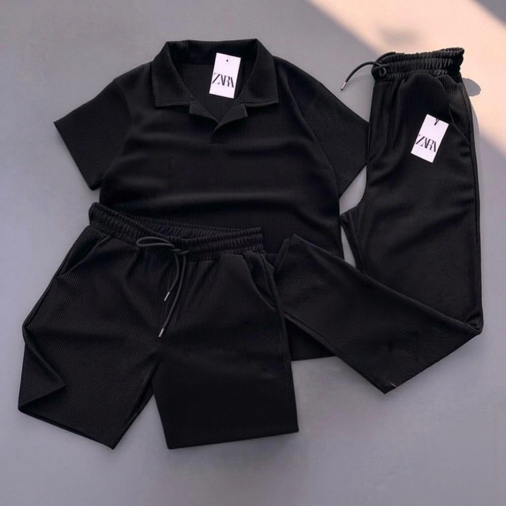 Zara Men’s Ribbed 3-Piece Essential Lounge Set – Textured Polo, Shorts, and Joggers