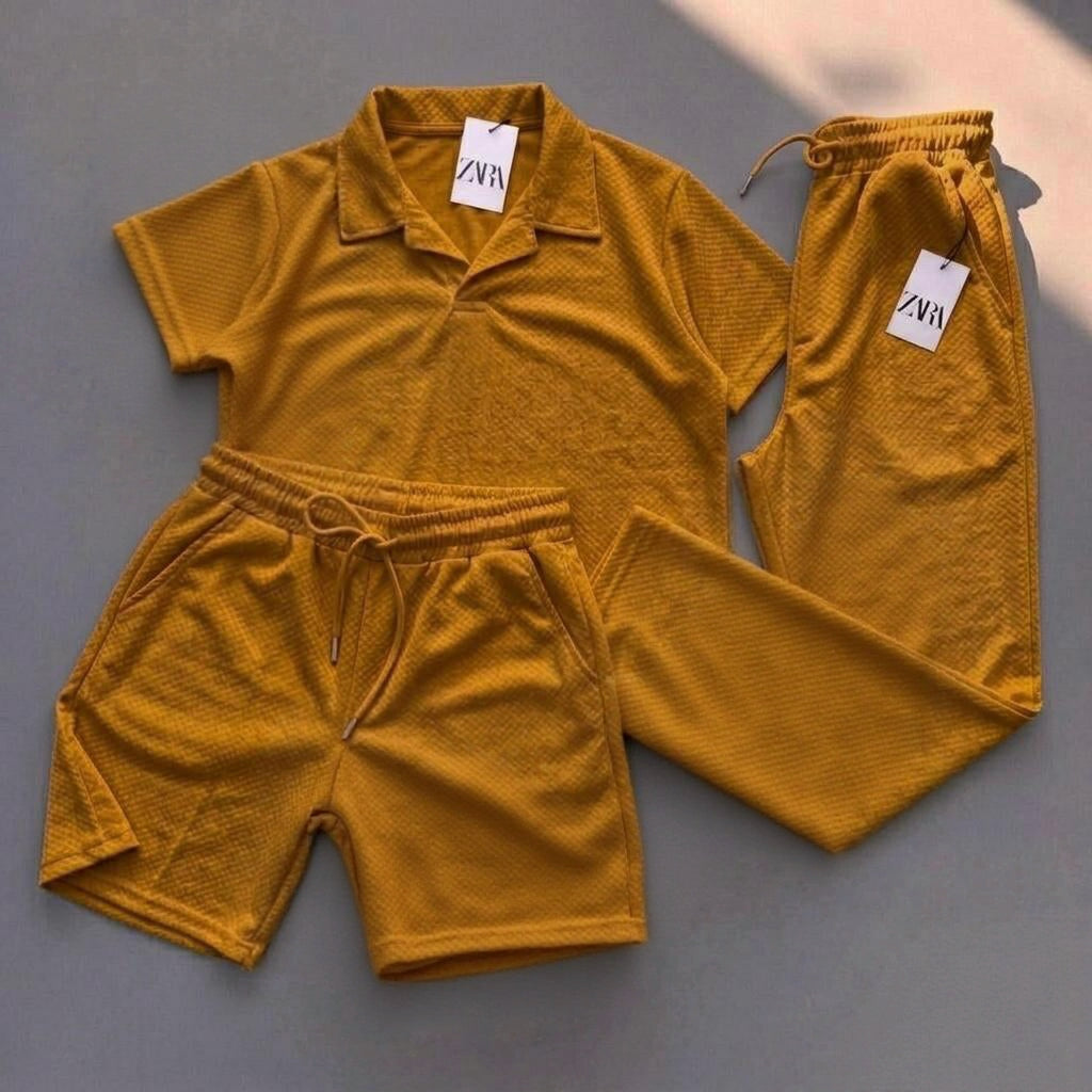 Premium Men’s Textured 3-Piece Summer Coord Set – Relaxed Fit Polo, Shorts & Trousers
