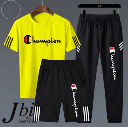 Champion Men’s 3-Piece Performance Tracksuit Set – Active Tee, Training Shorts, and Joggers