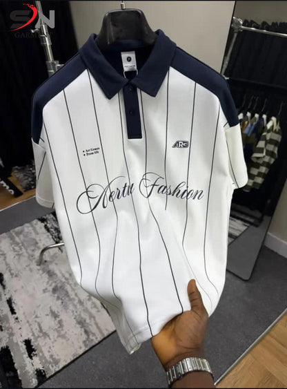 Men's "Art Comes From Life" Vertical Pinstripe Contrast Polo Shirt CL-001