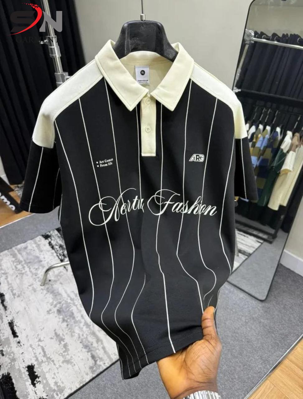 Men's "Art Comes From Life" Vertical Pinstripe Contrast Polo Shirt CL-001