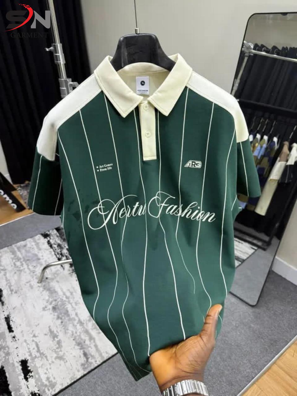 Men's "Art Comes From Life" Vertical Pinstripe Contrast Polo Shirt CL-001