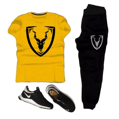 Men's Two-Piece Graphic Tracksuit Set: Shield & Antelope Logo Crewneck Tee and Jogger Pants