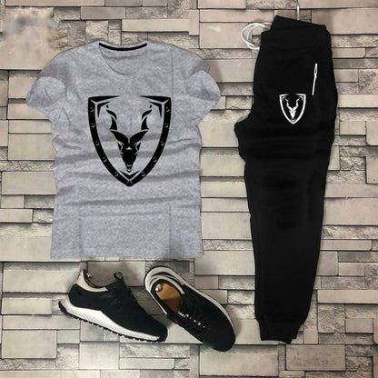 Men's Two-Piece Graphic Tracksuit Set: Shield & Antelope Logo Crewneck Tee and Jogger Pants