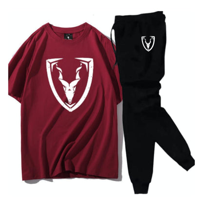 Men's Two-Piece Graphic Tracksuit Set: Shield & Antelope Logo Crewneck Tee and Jogger Pants