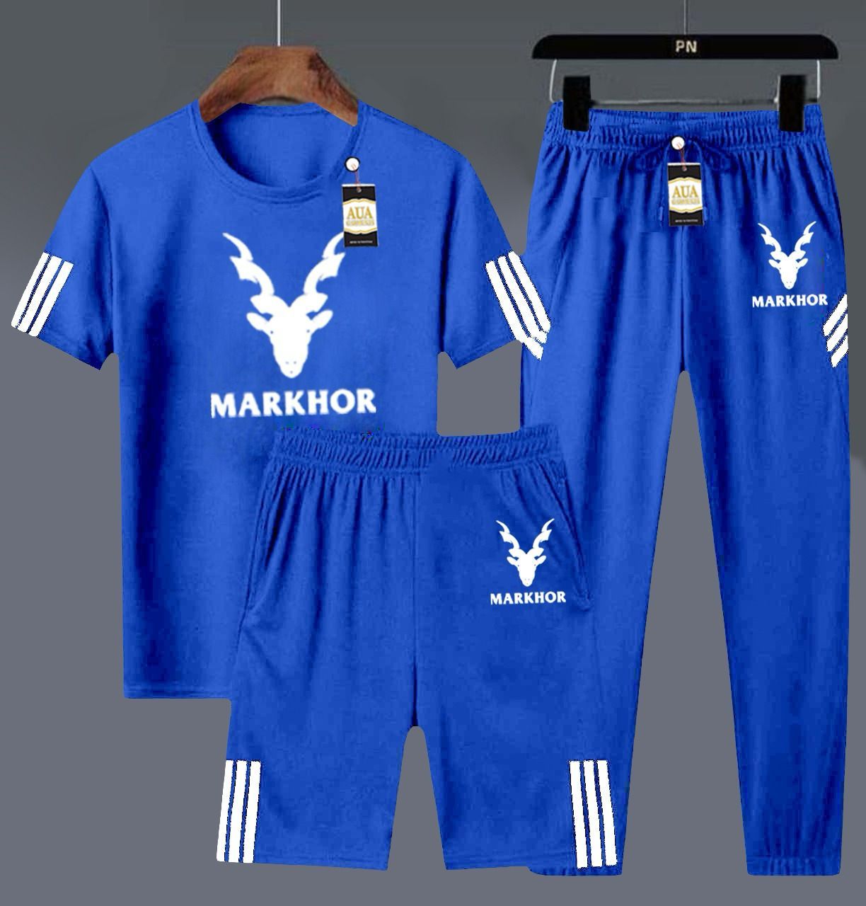 Markhor Edition: Men's 3-Piece Premium Royal Blue Activewear Set (T-Shirt, Joggers & Shorts)