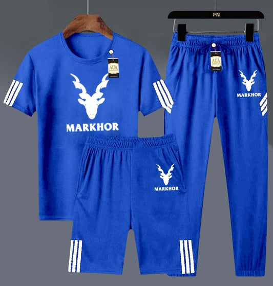 Markhor Edition: Men's 3-Piece Premium Royal Blue Activewear Set (T-Shirt, Joggers & Shorts)