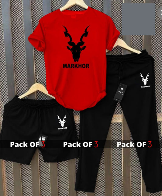 Premium Markhor Edition Men's 3-Piece Summer Performance Set – Crew Neck Tee, Athletic Trousers & Comfort Shorts