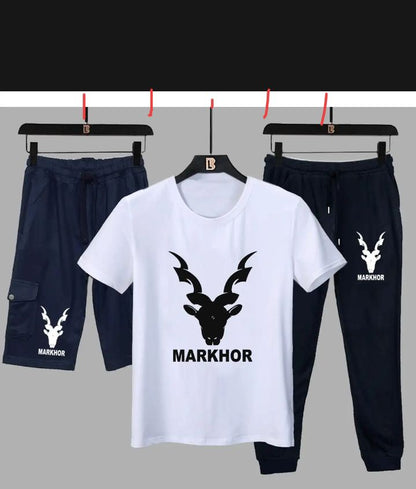 Premium Markhor Edition Men's 3-Piece Summer Performance Set – Crew Neck Tee, Athletic Trousers & Comfort Shorts