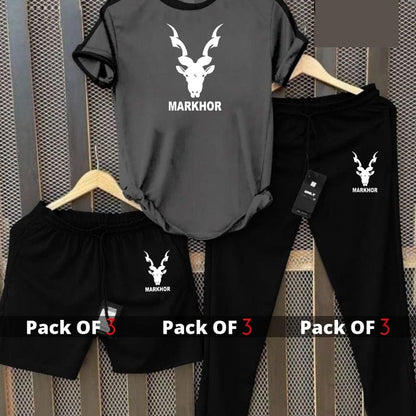 Premium Markhor Edition Men's 3-Piece Summer Performance Set – Crew Neck Tee, Athletic Trousers & Comfort Shorts