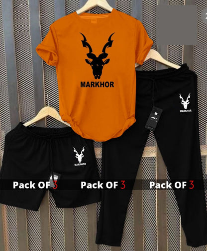 Premium Markhor Edition Men's 3-Piece Summer Performance Set – Crew Neck Tee, Athletic Trousers & Comfort Shorts