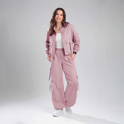 Women’s High-Street Utility Cargo Set – Cropped Multi-Pocket Combat Jacket & Wide-Leg Utility Trousers