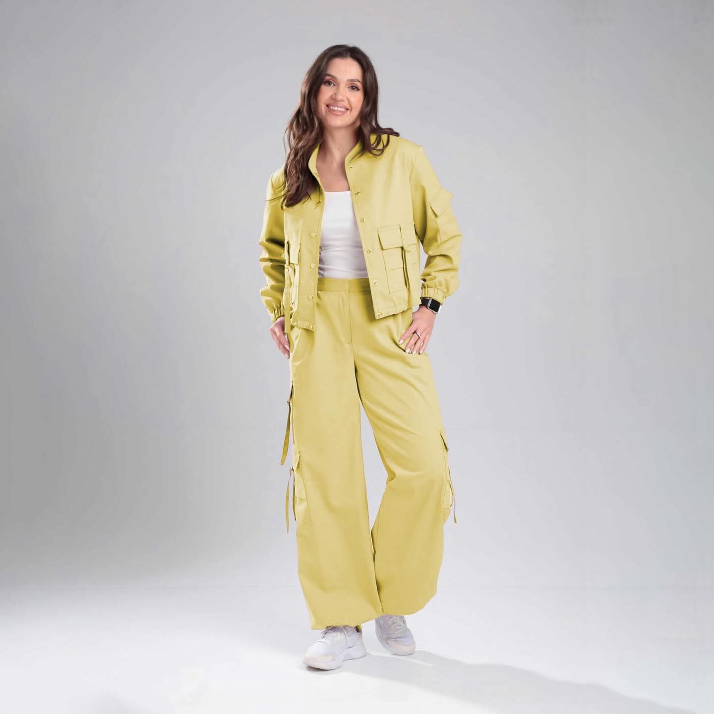 Women’s High-Street Utility Cargo Set – Cropped Multi-Pocket Combat Jacket & Wide-Leg Utility Trousers