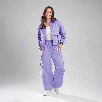 Women’s High-Street Utility Cargo Set – Cropped Multi-Pocket Combat Jacket & Wide-Leg Utility Trousers