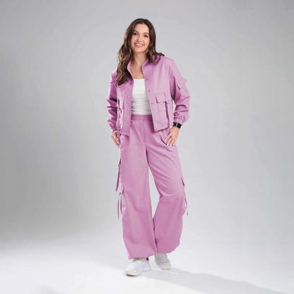 Women’s High-Street Utility Cargo Set – Cropped Multi-Pocket Combat Jacket & Wide-Leg Utility Trousers