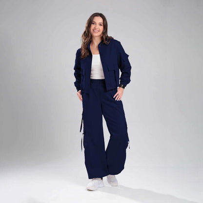 Women’s High-Street Utility Cargo Set – Cropped Multi-Pocket Combat Jacket & Wide-Leg Utility Trousers