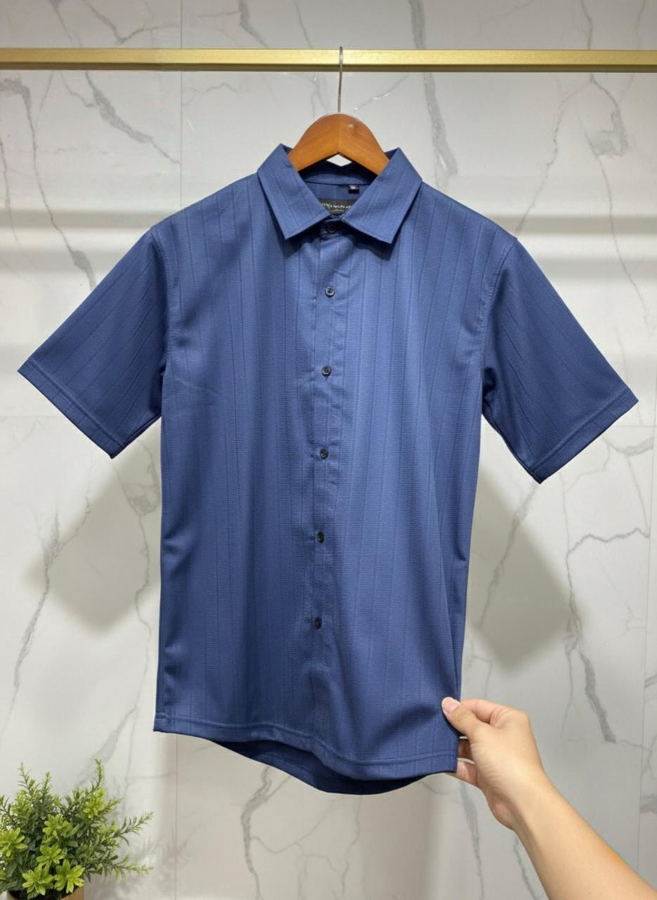 Men's Premium Vertical Textured Knit Short-Sleeve Shirt – Modern Slim Fit Casual Button-Down