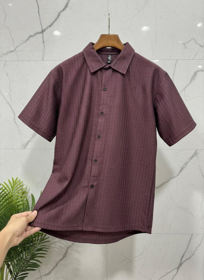 Men's Premium Vertical Textured Knit Short-Sleeve Shirt – Modern Slim Fit Casual Button-Down