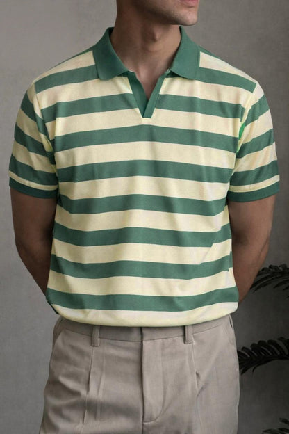 Men’s Retro Knit Striped Johnny Collar Polo – Vintage Textured Short Sleeve Pullover