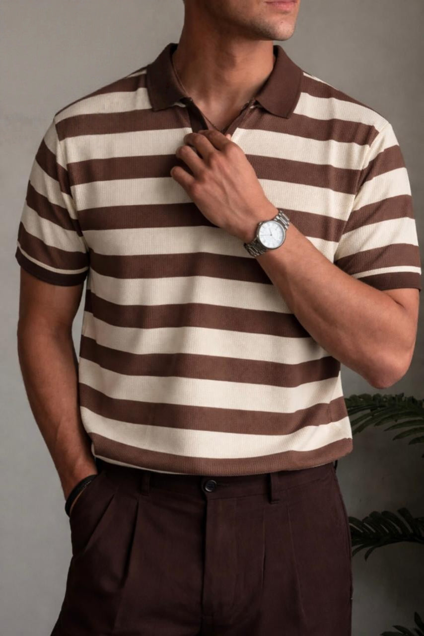 Men’s Retro Knit Striped Johnny Collar Polo – Vintage Textured Short Sleeve Pullover
