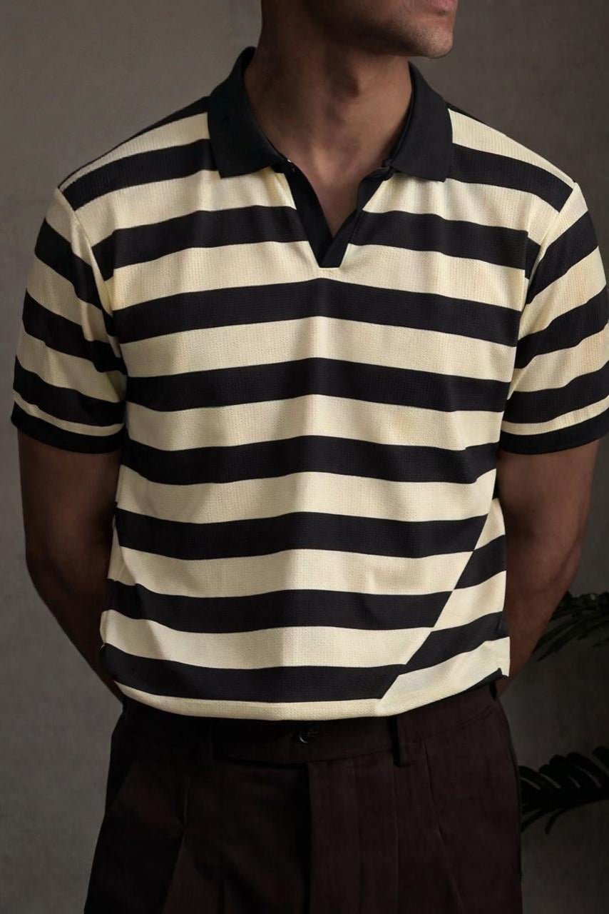 Men’s Retro Knit Striped Johnny Collar Polo – Vintage Textured Short Sleeve Pullover