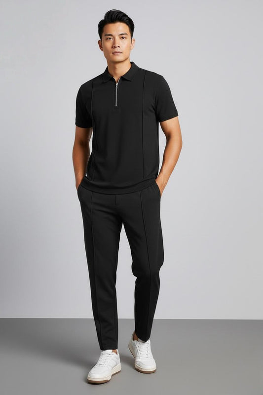 Men’s Premium Quarter-Zip Polo & Pintuck Trouser Co-ord Set – Luxury Athleisure Tracksuit
