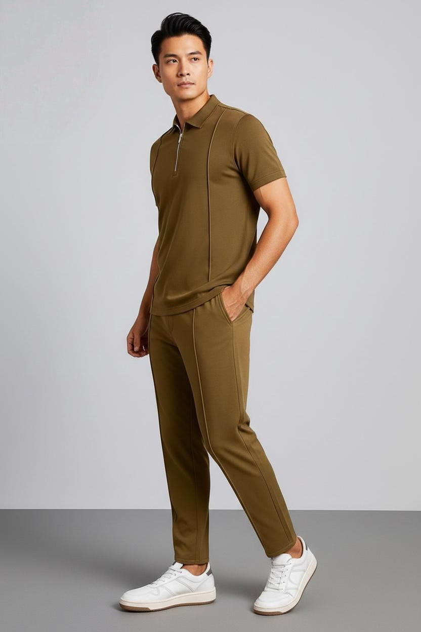 Men’s Premium Quarter-Zip Polo & Pintuck Trouser Co-ord Set – Luxury Athleisure Tracksuit
