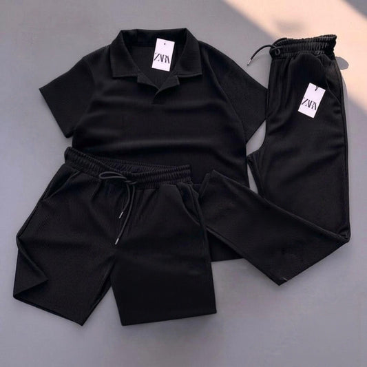 Zara Men’s Ribbed 3-Piece Essential Lounge Set – Textured Polo, Shorts, and Joggers