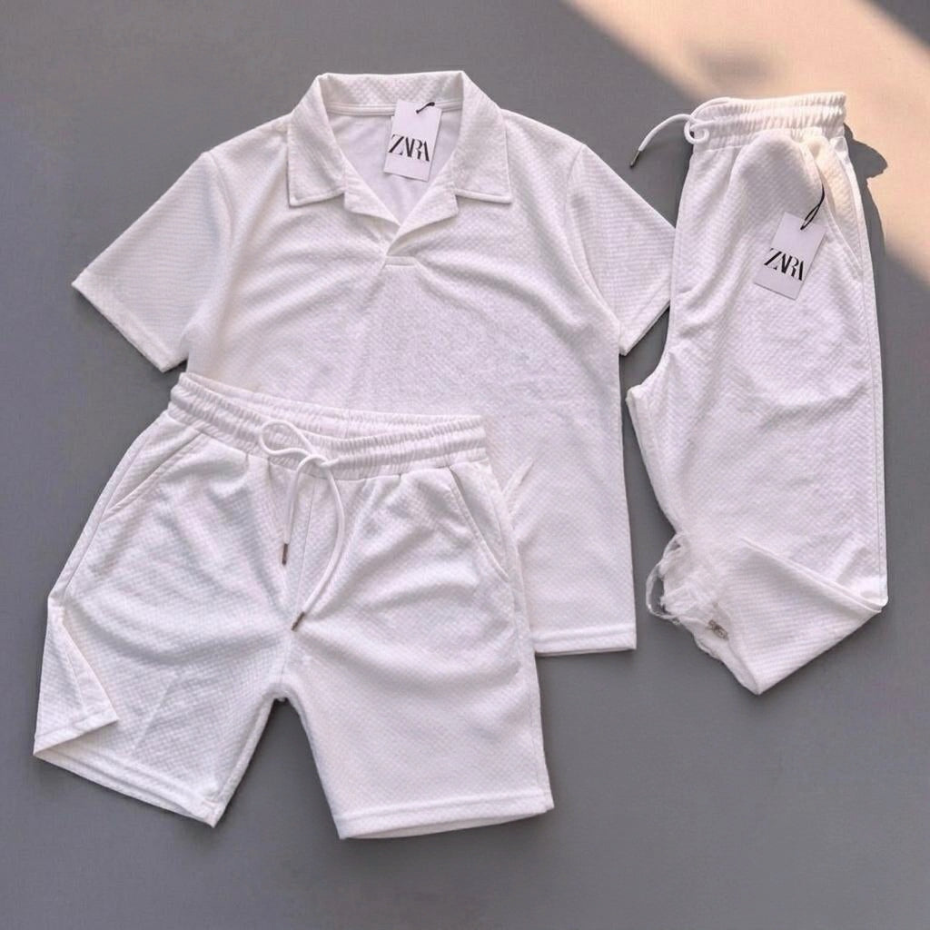 Premium Men’s Textured 3-Piece Summer Coord Set – Relaxed Fit Polo, Shorts & Trousers
