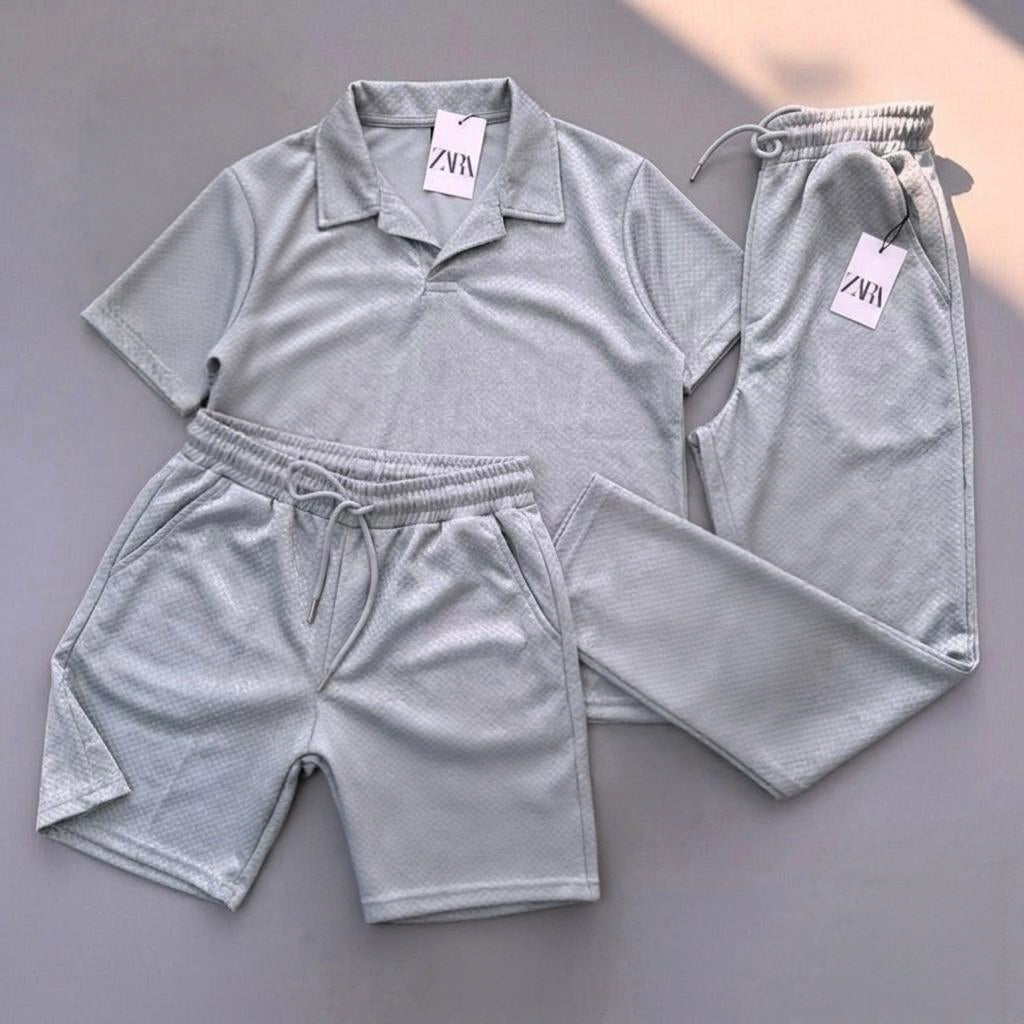 Premium Men’s Textured 3-Piece Summer Coord Set – Relaxed Fit Polo, Shorts & Trousers