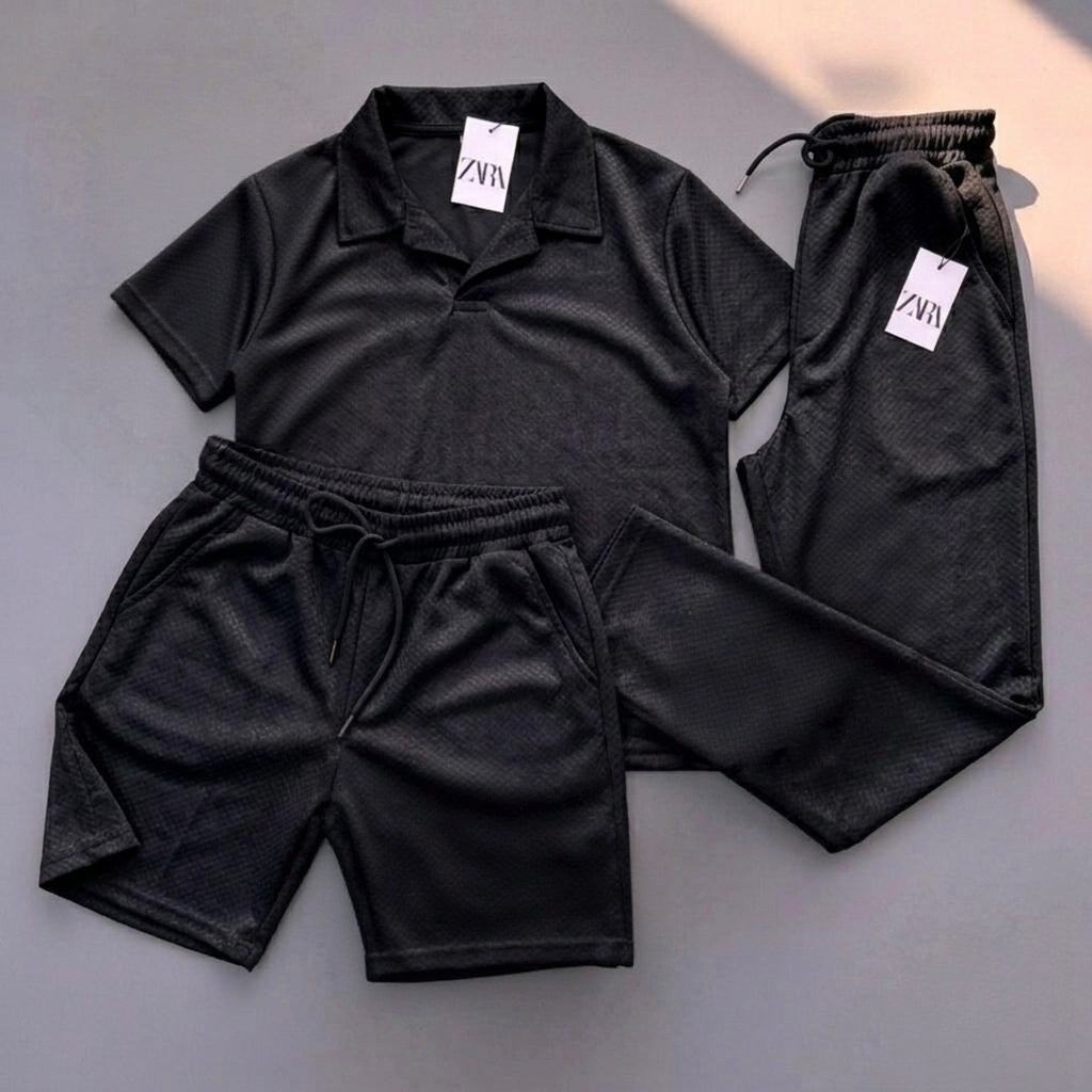 Premium Men’s Textured 3-Piece Summer Coord Set – Relaxed Fit Polo, Shorts & Trousers