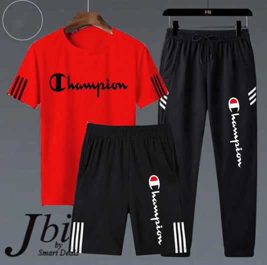 Champion Men’s 3-Piece Performance Tracksuit Set – Active Tee, Training Shorts, and Joggers
